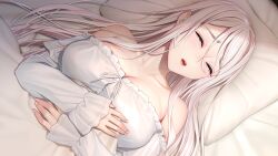 Rule 34 | 1girl, bare shoulders, bed sheet, breasts, closed eyes, game cg, highres, large breasts, long hair, lying, masami chie, mel (ningen fushin no renkinjutsushi to moto heishi no homunculus), ningen fushin no renkinjutsushi to moto heishi no homunculus, non-web source, on back, on bed, open mouth, pale skin, pillow, shiny skin, sleeping, smile, sweat, very long hair, white hair