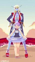 blonde_hair blue_skin breasts capcom colored_skin darkstalkers demon_girl flat_chest genderswap genderswap_(mtf) head_wings innertube jedah_dohma large_breasts lilith_(darkstalkers) long_eyebrows long_hair maou_(lp8000mao) midnight_bliss pointy_ears purple_hair red_eyes school_swimsuit slingshot_swimsuit swim_ring swimsuit swuimsuit wide_hips wings