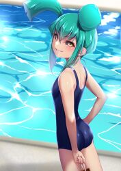 Rule 34 | 1girl, aqua hair, ass, black sclera, breasts, colored sclera, dark persona, grin, highres, looking at viewer, luca (yu-gi-oh!), muto dt, petite, pool, poolside, school swimsuit, small breasts, smile, solo, swimsuit, trading card, twintails, yellow eyes, yu-gi-oh!, yu-gi-oh! 5d&#039;s