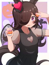 1girl animal_ears black_dress black_wings brown_hair closed_mouth clothing_cutout commentary cupcake dress fake_wings food food_on_face hair_ornament hair_over_one_eye halloween halloween_costume heart heart_cutout heart_hair_ornament highres hokuyukis holding holding_food horse_ears horse_girl horse_tail jack-o&#039;-lantern licking_lips long_hair looking_at_viewer pleated_dress purple_eyes rice_shower_(umamusume) see-through_clothes see-through_sleeves short_sleeves smile solo standing tail tongue tongue_out umamusume wings