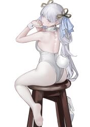 1girl absurdres alternate_costume ass back bare_shoulders bow breasts collar colored_eyelashes commentary earrings from_behind hair_bow highres jewelry jinhsi_(wuthering_waves) left_shoe_removed leotard long_hair looking_at_viewer looking_back medium_breasts mole mole_on_cheek nagata_gata on_stool own_hands_clasped own_hands_together pantyhose parted_lips shoes simple_background single_shoe sitting soles solo tacet_mark_(wuthering_waves) toes white_background white_bow white_collar white_eyelashes white_eyes white_hair white_leotard white_pantyhose white_shoes white_wrist_cuffs wrist_cuffs wuthering_waves