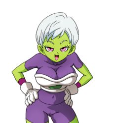 1girl breasts bustier cameltoe cheelai cleavage colored_skin covered_navel cowboy_shot dragon_ball dragon_ball_super dragon_ball_super_broly female_focus gloves green_skin groin hands_on_own_hips large_breasts leaning_forward legs looking_at_viewer open_mouth pink_eyes smile solo standing thighs transparent_background yamamoto_doujin