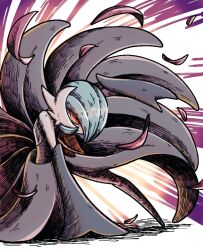 alternate_color bazi_3560 black_dress black_gloves blue_hair bob_cut colored_skin dress elbow_gloves gardevoir gen_3_pokemon gloves hair_over_one_eye mega_gardevoir mega_pokemon nintendo orange_eyes pokemon pokemon_(creature) shiny_pokemon white_skin