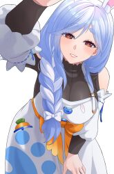 1girl absurdres animal_ear_fluff animal_ears blue_hair blush braid braided_ponytail breasts carrot carrot_in_pocket detached_sleeves dress highres hololive large_breasts long_hair looking_at_viewer mature_female multicolored_hair pekomama rabbit-shaped_pupils rabbit_ears rabbit_girl short_eyebrows smile solo symbol-shaped_pupils thick_eyebrows two-tone_hair virtual_youtuber white_background white_dress zikade