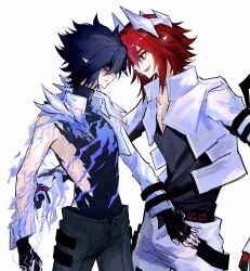 2boys absurdres aotu_world arm_ribbon black_gloves black_hair black_pants black_shirt chinese_commentary closed_mouth cropped_jacket diaoyushao20185 electricity fingerless_gloves from_side fur_trim gloves hair_between_eyes headgear high_collar highres jacket looking_at_another male_focus multiple_boys official_alternate_costume open_clothes open_mouth pants pectoral_cleavage pectorals pius_(aotu_world) pointy_ears profile purple_eyes ray_(aotu_world) red_eyes red_hair ribbon shaded_face sharp_teeth shirt short_hair simple_background smile spiked_hair teeth torn_clothes torn_shirt v-neck white_background white_jacket white_pants yaoi