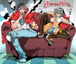 1boy 1girl abs alcohol breasts cape cigar couch cup drinking_glass ember_the_spirit_(mister_cinders) grey_hair grin holding holding_cigar holding_cup kafun large_breasts looking_at_viewer open_mouth original pants red_cape shirt shoes short_shorts shorts sitting smile smoke tied_shirt wine wine_glass