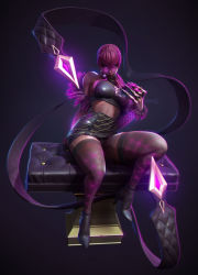 1girl 3d absurdres bare_shoulders breasts claws crop_top day evelynn_(league_of_legends) feather_boa female_focus fishnet_thighhighs fishnets full_body glasses glowing halterneck high-waist_skirt high_heels highres idol k/da_(league_of_legends) k/da_evelynn large_breasts league_of_legends long_hair looking_over_eyewear looking_over_glasses panties pantyshot pince-nez pink-tinted_eyewear pink-tinted_glasses purple_hair purple_panties red_eyes sideboob sitting skirt solo sunglasses thick_thighs thighhighs thighs tinted_eyewear travis_ngov ultraviolet_light underwear