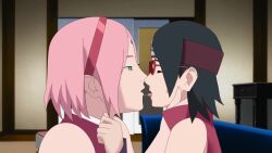 2girls age_difference animated black_hair boruto:_naruto_next_generations bug french_kiss glasses green_eyes hairband haruno_sakura highres incest indoors interior kiss kiss_focus live2d mature_female mother_and_daughter multiple_girls naruto naruto_(series) optimystic pink_hair red_hairband saliva saliva_trail short_hair sound tongue tongue_out uchiha_sarada video yuri