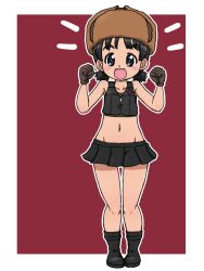 Rule 34 | 1girl, adapted costume, black boots, black eyes, black hair, black skirt, black vest, boots, breasts, brown gloves, brown hat, clenched hands, collarbone, girls und panzer, gloves, groin, hands up, hat, miniskirt, navel, nina (girls und panzer), open mouth, outline, pravda military uniform, red background, short hair, short twintails, simple background, skirt, small breasts, smile, takahashi kurage, twintails, ushanka, vest, white outline