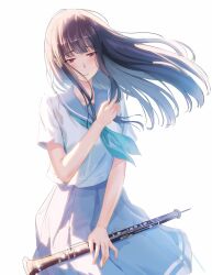 1girl aqua_neckerchief blue_hair blue_sailor_collar blue_skirt blush commentary floating_hair hibike!_euphonium highres holding holding_instrument holding_own_hair instrument instrument_on_lap kafkasea kitauji_high_school_uniform light_smile neckerchief oboe pleated_skirt sailor_collar school_uniform short_sleeves simple_background skirt solo summer_uniform white_background yoroizuka_mizore