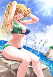 1girl armpits arms_up bikini blonde_hair blue_bikini blush breasts cleavage collarbone commentary_request day fate_testarossa feet_out_of_frame green_bikini hair_lift hands_in_own_hair highres horizon large_breasts lens_flare long_hair looking_at_viewer lyrical_nanoha mahou_shoujo_lyrical_nanoha_strikers multicolored_bikini navel ocean one_side_up open_mouth paid_reward_available print_bikini red_eyes rock sitting sky solo sougetsu_izuki splashing sun swimsuit thighs two-tone_bikini water wet