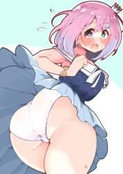 Rule 34 | absurdres, ass, ass focus, blue dress, blush, breasts, crown, dress, green eyes, heterochromia, highres, himemori luna, hololive, lace, lace-trimmed panties, lace panties, lace trim, looking at viewer, looking back, panties, pink eyes, pink hair, pink panties, pussy bulge, short hair, solo, thick thighs, thighs, trefoil, underwear, virtual youtuber, yamada naoko (kodamayanao)