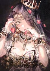 1girl artist_name black_background blush breasts cleavage crown drill_hair food fruit grey_eyes highres holding holding_food holding_fruit looking_at_viewer medium_breasts original simple_background solo strawberry ueno_zousui veil