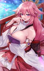 1girl absurdres animal_ears bare_shoulders between_breasts blush boobs_in_book_(meme) book breasts commentary_request covering_breasts covering_privates detached_sleeves earrings fingernails fox_ears gem genshin_impact hair_between_eyes highres holding holding_book jewelry large_breasts long_hair long_sleeves looking_at_viewer meme nail_polish nontraditional_miko open_mouth pink_hair pink_nails purple_eyes purple_gemstone shirt signature solo tassel very_long_hair white_shirt yae_miko yayoi_maka