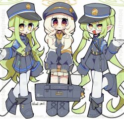 3girls :d absurdly_long_hair ankle_boots aoba_(blue_archive) armband bag belt black_belt black_tail blonde_hair blue_archive blue_armband blue_trim boots bow bowtie buttons closed_mouth commentary_request demon_girl demon_tail double-breasted double-parted_bangs fang full_body green_hair green_halo grey_bag grey_boots grey_hat grey_jacket grey_shorts hair_between_eyes halftone halo hand_up hat hikari_(blue_archive) holding holding_bag jacket kimoti_omoti long_hair long_sleeves multiple_girls nozomi_(blue_archive) open_mouth orange_armband orange_bow orange_bowtie pantyhose pointy_ears raised_inner_eyebrows red_eyes shako_cap shorts shoulder_belt siblings side-by-side sidelocks simple_background sisters skin_fang smile standing standing_on_one_leg tail turtleneck turtleneck_jacket twins twintails twitter_username very_long_hair watermark web_address white_background white_jacket white_pantyhose yellow_eyes yellow_halo