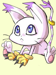 Rule 34 | animal hands, blue eyes, body fur, cat, digimon, digimon (creature), full body, gloves, highres, paw gloves, purple tail, saocyangeme888, simple background, sitting, striped tail, tail, tail ornament, tail ring, tailmon, two-tone tail, whiskers, white fur, white tail, yellow background