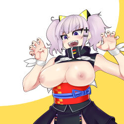 Rule 34 | 1girl, :d, animal ears, assha (schector), black nails, black shirt, black skirt, blush, breasts, cat ears, claw pose, commentary request, cowboy shot, fingernails, highres, kaguya luna, large breasts, looking down, nail polish, nipples, obi, open clothes, open mouth, open shirt, pink hair, purple eyes, red sash, sash, sharp teeth, shirt, short hair, simple background, skirt, smile, solo, teeth, the moon studio, two-tone background, two side up, v-shaped eyebrows, virtual youtuber, white background, yellow background