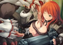 blush breasts cleavage dark_matrix fingerless_gloves gloves green_eyes gunslinger_(ragnarok_online) highres midriff monster moonshell navel orange_hair ragnarok_online weapon wince you_gonna_get_raped