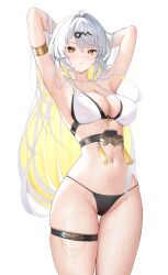 1girl absurdres alternate_costume armlet armpits arms_behind_head bikini black_bikini blhazx blonde_hair blush breasts cameltoe chinese_commentary cleavage cleft_of_venus collarbone colored_inner_hair commentary_request cowboy_shot groin hair_intakes hair_ornament highres jewelry large_breasts long_hair looking_at_viewer mismatched_bikini multicolored_hair navel parted_lips presenting_armpit pussy see-through_bikini see-through_clothes simple_background solo stomach swimsuit thigh_gap thigh_strap thighs very_long_hair wet white_background white_bikini white_hair yellow_eyes yixuan_(zenless_zone_zero) zenless_zone_zero