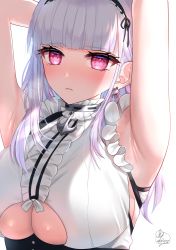 1girl :s absurdres anchor armpits arms_behind_head arms_up azur_lane black_hairband blunt_bangs blush breasts center_frills closed_mouth clothing_cutout commentary_request dido_(azur_lane) earrings frilled_shirt frills hairband highres jewelry kohanayuki large_breasts long_hair pink_eyes shirt signature silver_hair simple_background skindentation sleeveless sleeveless_shirt solo underboob underboob_cutout upper_body white_background white_shirt