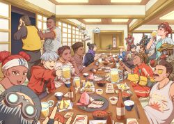 1other 6+boys 6+girls \n/ ^_^ absurdres alcohol ambiguous_gender animification annoyed apex_legends bangalore_(apex_legends) beard beer beer_mug black_hair blonde_hair bloodhound_(apex_legends) blue_eyes braid brown_hair caustic_(apex_legends) classic_revenant closed_eyes coughing crossed_arms crypto_(apex_legends) cup curly_hair d.o.c._health_drone dark-skinned_female dark-skinned_male dark_skin double_bun drone eating everyone facial_hair fuse_(apex_legends) gibraltar_(apex_legends) goggles goggles_on_head gradient_hair hack_(apex_legends) hair_bun headband highres holding holding_cup horizon_(apex_legends) humanoid_robot jacket kogane_mushi laughing lifeline_(apex_legends) loba_(apex_legends) mask mirage_(apex_legends) mouth_mask mug multicolored_hair multiple_boys multiple_girls mustache octane_(apex_legends) one-eyed open_mouth orange_hair pathfinder_(apex_legends) purple_scarf rampart_(apex_legends) red_hair red_jacket revenant_(apex_legends) robot scarf shirt side_ponytail simulacrum_(titanfall) single_hair_bun sitting smile soul_patch streaked_hair twin_braids undercut valkyrie_(apex_legends) wattson_(apex_legends) white_hair white_headband white_shirt wraith_(apex_legends)