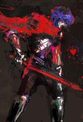 Rule 34 | 1other, armor, armored boots, armored gloves, black bodysuit, blue hair, blue skin, bodysuit, boots, breastplate, cape, colored skin, dark background, deltarune, floating, floating object, glowing, hair over eyes, heart, highres, holding, holding weapon, kris (dark world) (deltarune), kris (deltarune), kyezzzz, other focus, red cape, short hair, simple background, soul (deltarune), sword, weapon