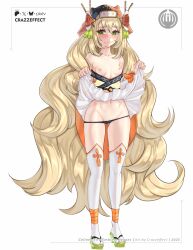 1girl @_@ ankle_wrap black_panties blonde_hair blush breasts breasts_out celine_(fire_emblem) celine_(ninja)_(fire_emblem) clothes_lift crazzeffect embarrassed fire_emblem fire_emblem_engage fire_emblem_heroes flower gluteal_fold green_eyes green_sandals hair_ornament hair_stick highres lifting_own_clothes looking_to_the_side ninja nintendo official_alternate_costume orange_flower orange_trim panties pantyshot sandals shuriken_hair_ornament skirt skirt_lift small_breasts solo tassel tassel_hair_ornament topless_female underwear wavy_mouth wrist_bow