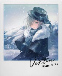 Rule 34 | 1girl, absurdres, black coat, black hat, blue bow, blue scarf, boater hat, bow, character name, coat, fur-trimmed coat, fur trim, grey eyes, grey hair, hair bun, hat, hat bow, highres, looking at viewer, mountain, official alternate costume, outdoors, polaroid photo, reverse:1999, scarf, single side bun, sky, snow, snowing, solo, timestamp, upper body, vertin (reverse:1999), white sky, xiaoji chuangzao