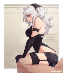 1boy 1girl a2_(nier:automata) ass bare_shoulders black_shirt black_shorts border breasts from_side grey_hair hetero high_ponytail highres implied_sex isabongos large_breasts long_hair nier:automata nier_(series) ponytail profile shirt shorts simple_background solo_focus sweat textless_version white_border