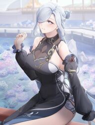 1girl absurdres alternate_costume alternate_hairstyle arano_(waikuni11) black_dress blue_hair blue_nails detached_sleeves dress genshin_impact hair_over_one_eye highres long_hair multicolored_eyes nail_polish shenhe_(genshin_impact) solo two-tone_eyes