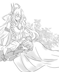 1boy 1girl alternate_universe body_markings bodysuit bow braid bridal_gauntlets closed_mouth coffee_raya detached_sleeves dress facing_another genshin_impact headpat highres japanese_clothes kimono lap_pillow layered_sleeves long_hair middle_ring outdoors pointy_ears rukkhadevata_(genshin_impact) scaramouche_(genshin_impact) short_sleeves shoulder_peek side_braid sidelocks sitting smile strapless strapless_dress tears very_long_hair wanderer_(genshin_impact) wavy_hair yokozuwari