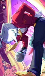 Rule 34 | 1girl, 1other, 2boys, andmformk11, ant tenna, belt, belt buckle, bent over, black belt, black pants, buckle, collared shirt, commentary, crt, deltarune, english commentary, fangs, gloves, highres, holding, holding microphone, kris (dark world) (deltarune), kris (deltarune), male focus, microphone, multiple boys, necktie, object head, open mouth, pants, pointy nose, ralsei, shirt, shoes, smile, solo focus, stage, susie (dark world) (deltarune), susie (deltarune), tailcoat, tv world (deltarune), white gloves, white shirt, yellow necktie, yellow shoes