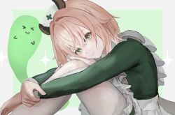 Rule 34 | 1girl, animal ears, apron, brown hair, green eyes, hat, head rest, highres, indie virtual youtuber, looking at viewer, maid, maid apron, naplings (nimi nightmare), nimi nightmare, nonono 0147, nurse cap, pantyhose, smile, solo, tapir ears, tapir girl, virtual youtuber, white pantyhose