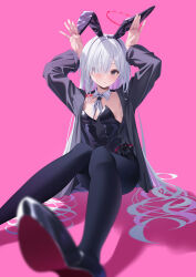 1girl absurdres alternate_costume arms_up black_eyes black_jacket blue_archive blurry blush closed_mouth commentary_request depth_of_field detached_collar ekidona flat_chest hair_over_one_eye halo high_heels highres jacket knees_up latex latex_leotard leotard long_hair looking_at_viewer neckerchief open_clothes open_jacket oversized_breast_cup plana_(blue_archive) playboy_bunny rabbit_pose red_halo simple_background solo strapless strapless_leotard very_long_hair white_hair white_neckerchief