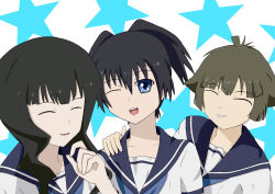 3girls absurdres black_hair black_rock_shooter black_rock_shooter_(character) blue_eyes blue_sailor_collar brown_hair closed_eyes friends highres kuroi_mato medium_hair multiple_girls puritena sailor_collar school_uniform serafuku short_hair short_twintails takanashi_yomi twintails