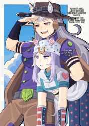 2girls absurdres animal_ears beanie bobamiruku breasts bridal_gauntlets cape cloud commentary cosplay cowboy_hat crossover dixie_cup_hat english_commentary english_text goggles goggles_on_headwear gold_ship_(umamusume) grey_hair gyro_zeppeli gyro_zeppeli_(cosplay) hat heart_ornament highres holding horse_ears horse_girl horseshoe horseshoe_hat_ornament horseshoe_ornament johnny_joestar johnny_joestar_(cosplay) jojo_no_kimyou_na_bouken long_hair mejiro_mcqueen_(umamusume) military_hat multicolored_wristband multiple_girls open_mouth purple_bridal_gauntlets purple_eyes purple_hair purple_shirt shirt spurs star_(symbol) star_print steel_ball_run teeth umamusume