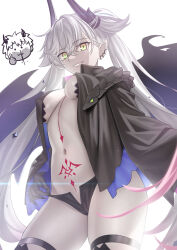 1girl absurdres besmiled black_cloak black_hands body_markings breasts cloak colored_extremities demon_girl demon_horns demon_wings fate/grand_order fate_(series) full_body graffiti green_eyes hair_between_eyes highres horns jacket large_breasts lilith_(fate) lilith_(second_ascension)_(fate) long_hair long_sleeves looking_at_viewer naked_jacket navel open_clothes open_jacket pointy_ears pubic_tattoo simple_background smile solo stomach_tattoo tattoo twintails underwear white_background white_hair wings