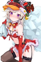 1girl absurdres alternate_costume black_thighhighs blonde_hair blush closed_mouth commentary_request elbow_gloves facial_mark gloves hat headphones highres holding holding_sack komori_met looking_at_viewer orange_eyes red_gloves sack shirana_tamana skirt solo thighhighs virtual_youtuber vspo! white_background