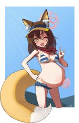 Rule 34 | 1girl, :d, animal ear fluff, animal ears, bikini, blue archive, breasts, brown hair, cg3p, cleavage, cropped legs, cutoffs, denim, denim shorts, fang, fetal movement, fox ears, fox girl, fox shadow puppet, fox tail, halo, hand on own hip, izuna (blue archive), izuna (swimsuit) (blue archive), long hair, looking at viewer, medium breasts, micro shorts, navel, one eye closed, open mouth, outside border, pink halo, pregnancy halo, pregnant, red scarf, scarf, shorts, smile, solo, striped bikini, striped clothes, swimsuit, tail, visor cap, yellow eyes