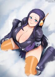 Rule 34 | 1girl, black boots, black hair, blue eyes, boots, breasts, cleavage, cloud, dutch angle, female focus, from above, full body, furrowed brow, gloves, jacket, large breasts, leather, leather jacket, lips, looking at viewer, lowres, neocoill, nico robin, nico robin (egghead), one piece, patreon logo, patreon username, pink lips, sitting, smile, solo, thighhighs, thighs, wariza