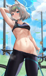 1girl absurdres animal_ear_fluff animal_ears arm_behind_head arm_up bicycle blue_archive blue_eyes blue_sky bottle breasts bright_pupils closed_mouth clothes_lift clothes_pull collarbone cowboy_shot cross_hair_ornament day extra_ears gluteal_fold hair_ornament halo highres holding holding_bottle kareya_(jixo95821699) looking_at_viewer medium_breasts mismatched_pupils navel outdoors pants pants_pull shiroko_(blue_archive) sky solo sports_bra sports_bra_lift steaming_body stomach sweat toned underboob utility_pole wolf_ears