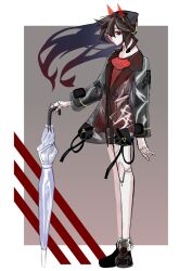 1girl absurdres black_hair donuts_miso dress fake_horns gradient_hair hair_between_eyes highres holding holding_umbrella horns jacket long_hair lucia_(pgr) mechabare mechanical_arms mechanical_hands mechanical_legs multicolored_hair pleated_dress punishing:_gray_raven red_dress red_eyes red_hair red_horns see-through_clothes see-through_jacket solo umbrella