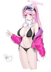 Rule 34 | 1girl, :o, absurdres, bikini, bird, black bikini, blue archive, blush, breasts, cleavage, cropped legs, disembodied hand, down jacket, eimi (blue archive), eimi (swimsuit) (blue archive), flying sweatdrops, goggles, goggles on head, halo, highres, inset, jacket, jacket partially removed, large breasts, long hair, looking ahead, mark jin, navel, official alternate costume, pink eyes, pink hair, pink jacket, ponytail, scarf, side-tie bikini bottom, sidelocks, simple background, ski goggles, skindentation, stomach, swimsuit, very long hair, white background, white scarf