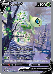 antennae artist_name blue_eyes card_(medium) celebi character_name company_name copyright_name copyright_notice english_text fairy_wings flying gen_2_pokemon leaf legendary_pokemon mythical_pokemon nintendo official_art open_mouth outdoors pokemon pokemon_card pokemon_tcg smile snow snowing sparkle stairs teeziro third-party_source trading_card tree wings