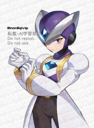 Rule 34 | 1boy, blue eyes, chest jewel, coat, forehead jewel, gate (mega man), grey background, helmet, lab coat, male focus, mega man (series), mega man x6, mega man x (series), purple helmet, simple background, solo, watermark, white coat, yamanashi taiki