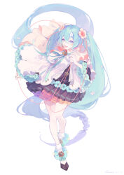 1girl absurdres aqua_hair aqua_nails aqua_ribbon bare_legs black_shoes black_skirt blue_eyes blue_flower blue_hair braid cape contrapposto detached_sleeves flower full_body gradient_eyes hair_between_eyes hair_flower hair_ornament hatsune_miku highres holding holding_microphone long_hair long_sleeves looking_to_the_side magical_mirai_(vocaloid) magical_mirai_miku magical_mirai_miku_(2021) medallion microphone multicolored_eyes multicolored_hair orange_flower petals pink_flower pink_ribbon pleated_skirt ribbon rose shirt shoes sidelocks simple_background skirt smile solo twintails two-tone_hair very_long_hair vocaloid white_background white_shirt wide_sleeves wloop yellow_eyes yellow_flower