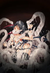 1girl asymmetrical_wings black_hair black_thighhighs blush breasts cum cum_on_body cum_on_breasts cum_on_upper_body female_focus flx highres houjuu_nue nipples open_mouth panties pointy_ears rape short_hair solo tentacles thighhighs topless_female touhou underwear underwear_only wings