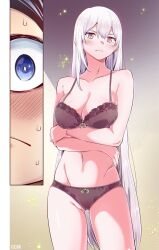1boy 1girl bare_shoulders black_hair blue_eyes blush bow bow_panties bra breasts brown_bra brown_panties cleavage closed_mouth collarbone colorized crossed_arms dot_nose female_focus highres large_breasts legs long_hair looking_at_viewer manga_page mato_seihei_no_slave midriff navel nervous nervous_sweating official_art panties red_eyes short_hair sleeveless stomach sweat sweatdrop takemura_youhei thighs underwear underwear_only uzen_kyouka very_long_hair wakura_yuuki white_hair
