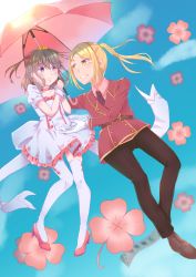 2girls absurdres blonde_hair bow brown_hair choker cloud clover clover_(flower) crown day dress eripiyo eye_contact floating flower formal_clothes four-leaf_clover gloves hair_bow high_heels highres ichii_maina idol lin long_hair looking_at_another medium_hair multiple_girls necktie oshi_ga_budoukan_itte_kuretara_shinu outdoors oversized_plant pants ponytail shoes skirt sky smile suit sun sunlight teeth thighhighs twintails umbrella white_gloves yellow_eyes yuri