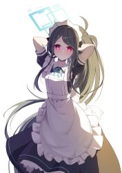 1girl 2025 absurdly_long_hair absurdres antenna_hair apron aqua_halo aqua_ribbon aris_(blue_archive) aris_(maid)_(blue_archive) arms_behind_head arms_up artist_name back_bow black_dress black_hair blue_archive blush bow bright_pupils chinese_commentary closed_mouth collared_dress commentary contrast_collar dated dress floating_hair frilled_apron frilled_dress frills furrowed_brow halo highres kei_(blue_archive) lao_wo long_hair long_sidelocks looking_at_viewer maid maid_apron maid_headdress neck_ribbon parted_bangs ponytail puffy_short_sleeves puffy_sleeves rectangular_halo red_eyes ribbon ringed_eyes short_sleeves sidelighting sidelocks signature simple_background small_sweatdrop solo split_mouth very_long_hair white_apron white_background white_bow white_headdress white_pupils